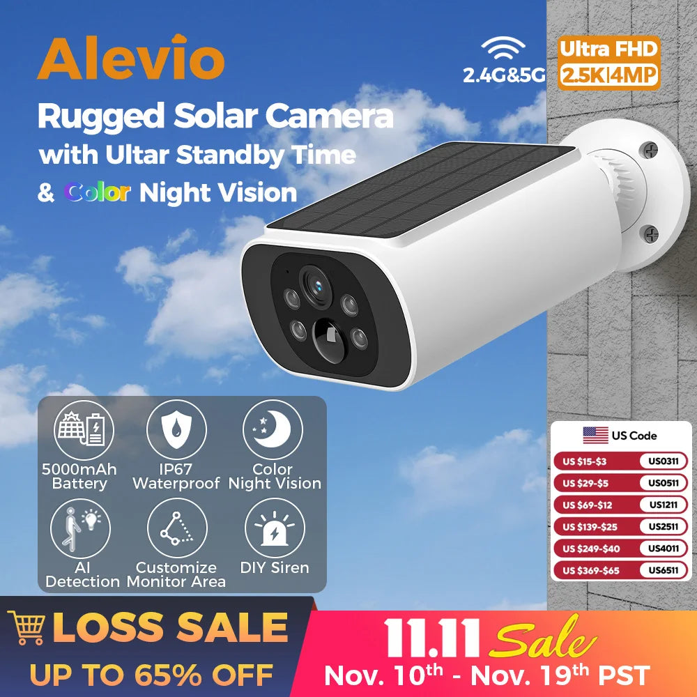 ALEVIO 2.5K Solar Camera Wireless Outdoor WIFI Cam Ultra Standby Time PIR Smart Light Color Night Vision AI Detect Battery Cam by MVEnergo