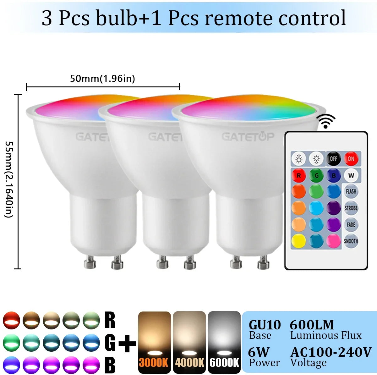 1-10PCS RGB GU10 LED Spotlight Bulb 24 Key Remote Control Dimmable 6W AC220V 110V Colorful Change for Bedroom Living Room Lamp by MVEnergo