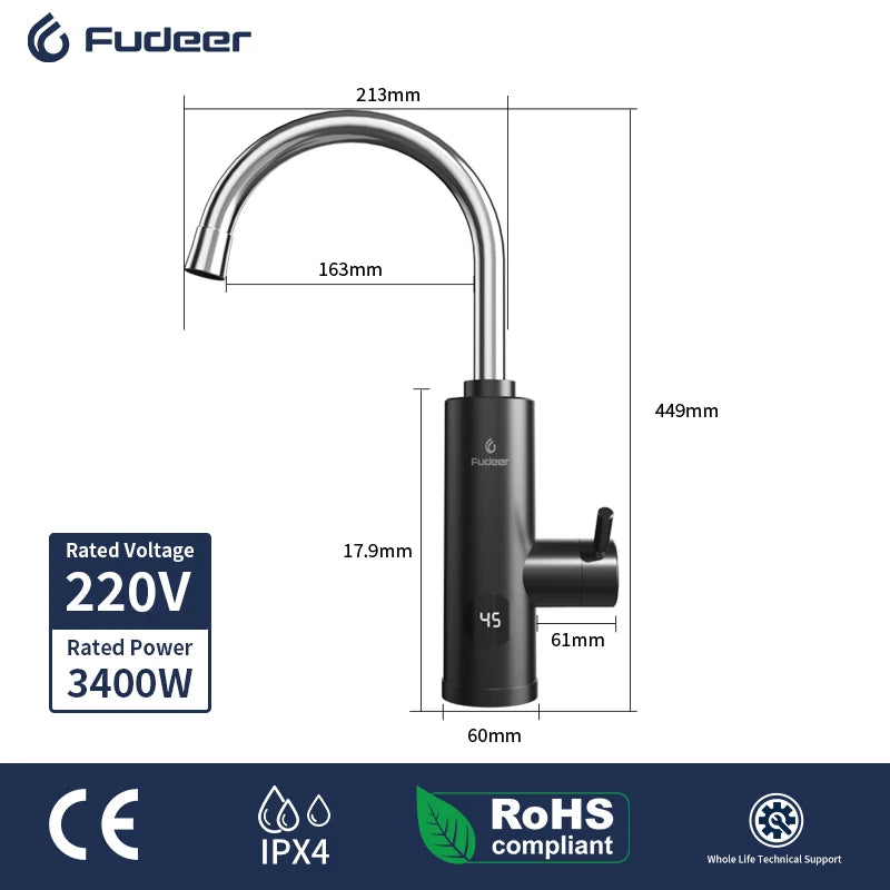 Fudeer 3400W 220V Electric Kitchen Water Heater Tap Instant Hot Stainless Steel Water Faucet Heater Cold Heating Faucet by MVEnergo