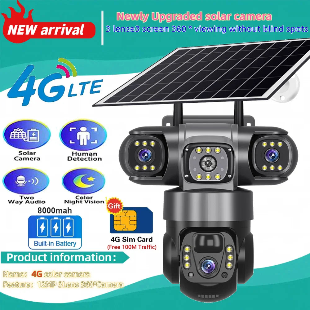 Solar Camera 4G Sim Outdoor 3 Lens 3 Screen 10X Zoom PIR Human Detect Cameras Waterproof Night Vision CCTV Security Protection by MVEnergo