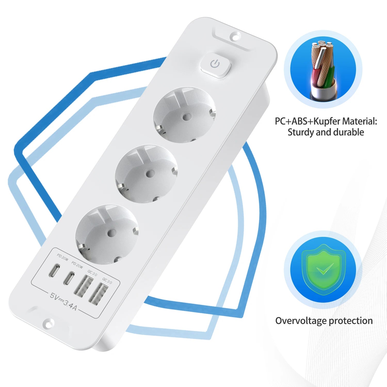 EU Built in Power Strip Desktop Recessed Socket with 2 USB 2 Type C Fast charge, Multi-Contact Outlet with 2M Extension Cable by MVEnergo