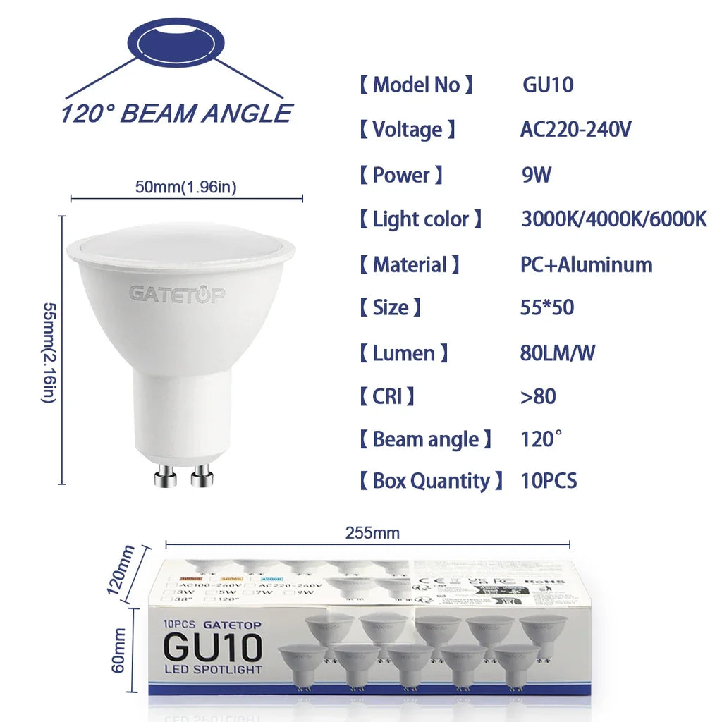 10 Pack Focos Gu10 SpotlightLampara 220V Lled Bulb Wholesale 9W White Warm 3000k 6000K suitable for Home Commercial Buildings by MVEnergo