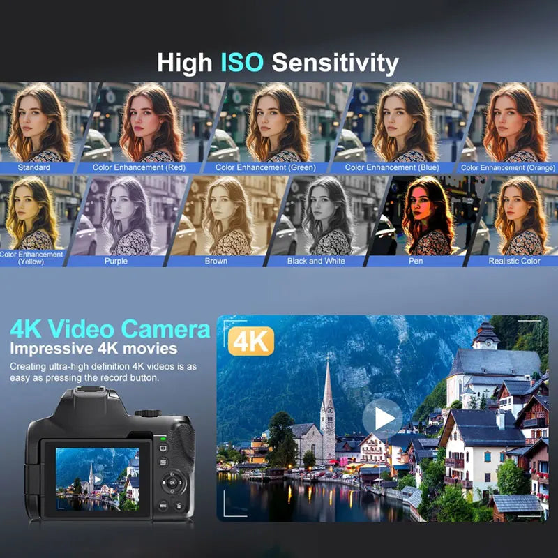 4K DSLR Digital Camera 3-Inch 72MP Photography Camera with 12X Optical Zoom 180° Flip Screen Autofocus for Ins YouTube Webcast by MVEnergo