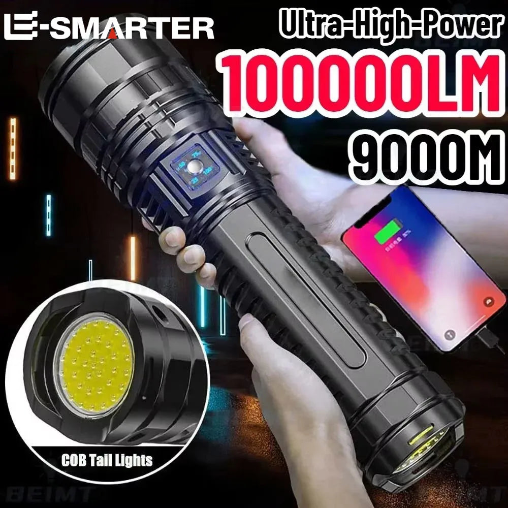 Ultra Bright LED Flashlight Powerful Tactical Torch 15000mah Built-in Battery Emergency Camping Spotlights With Tail Light by MVEnergo