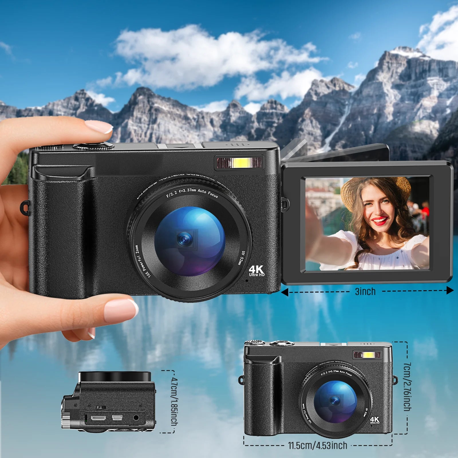 4K Digital Camera Photography Camera 48MP Autofocu Webcam Vlog Video Recorder Compact Cameras 180-Degree Rotation Flip Screen by MVEnergo