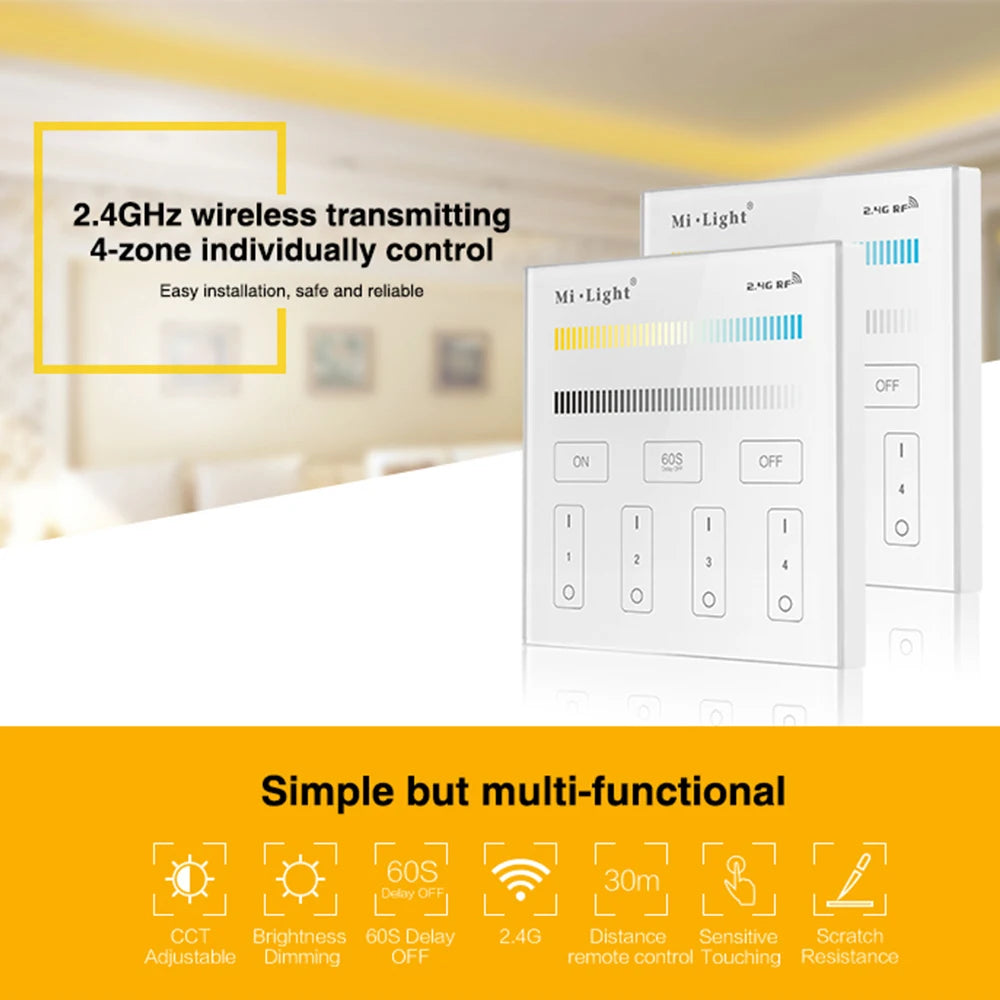 MiBoxer T2 AC100-240V 4-Zone 2.4GHz 86Touch Panel Remote Switch Color Temperature Brightness Controller  For LED Lamp/Strip/FCOB