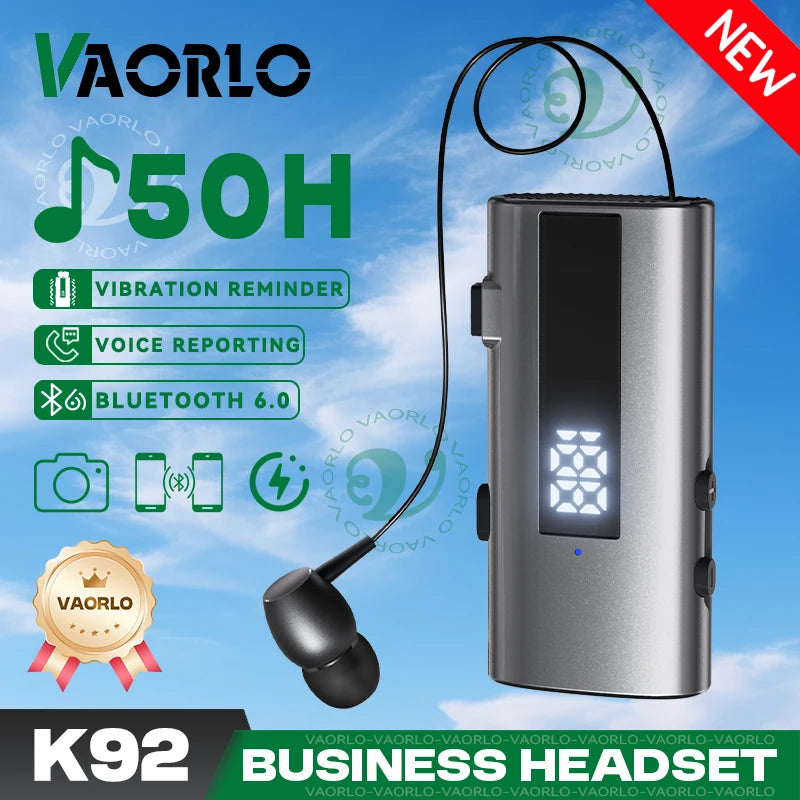 K92 Bluetooth 6.0 Lavalier Business Headset Call 30h/Music 50h Vibration Reminder LED Digital Display With Mic Wireless Earphone by MVEnergo