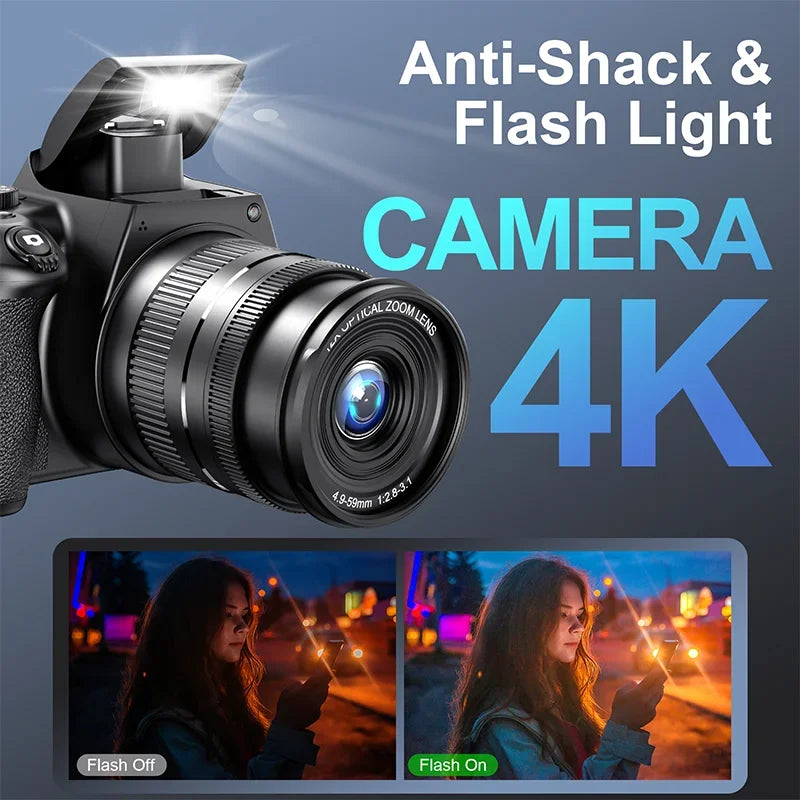 4K DSLR Digital Camera 3-Inch 72MP Photography Camera with 12X Optical Zoom 180° Flip Screen Autofocus for Ins YouTube Webcast by MVEnergo