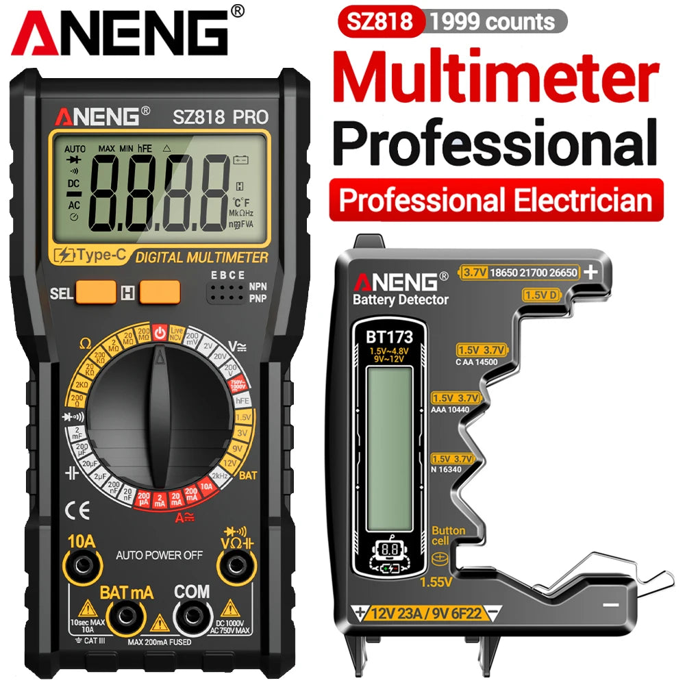 ANENG Intelligent Digital Multimeter Automotive Voltage Triode Tester SZ818+BT173 9V/12V Battery Digital Display Detector Tools by MVEnergo
