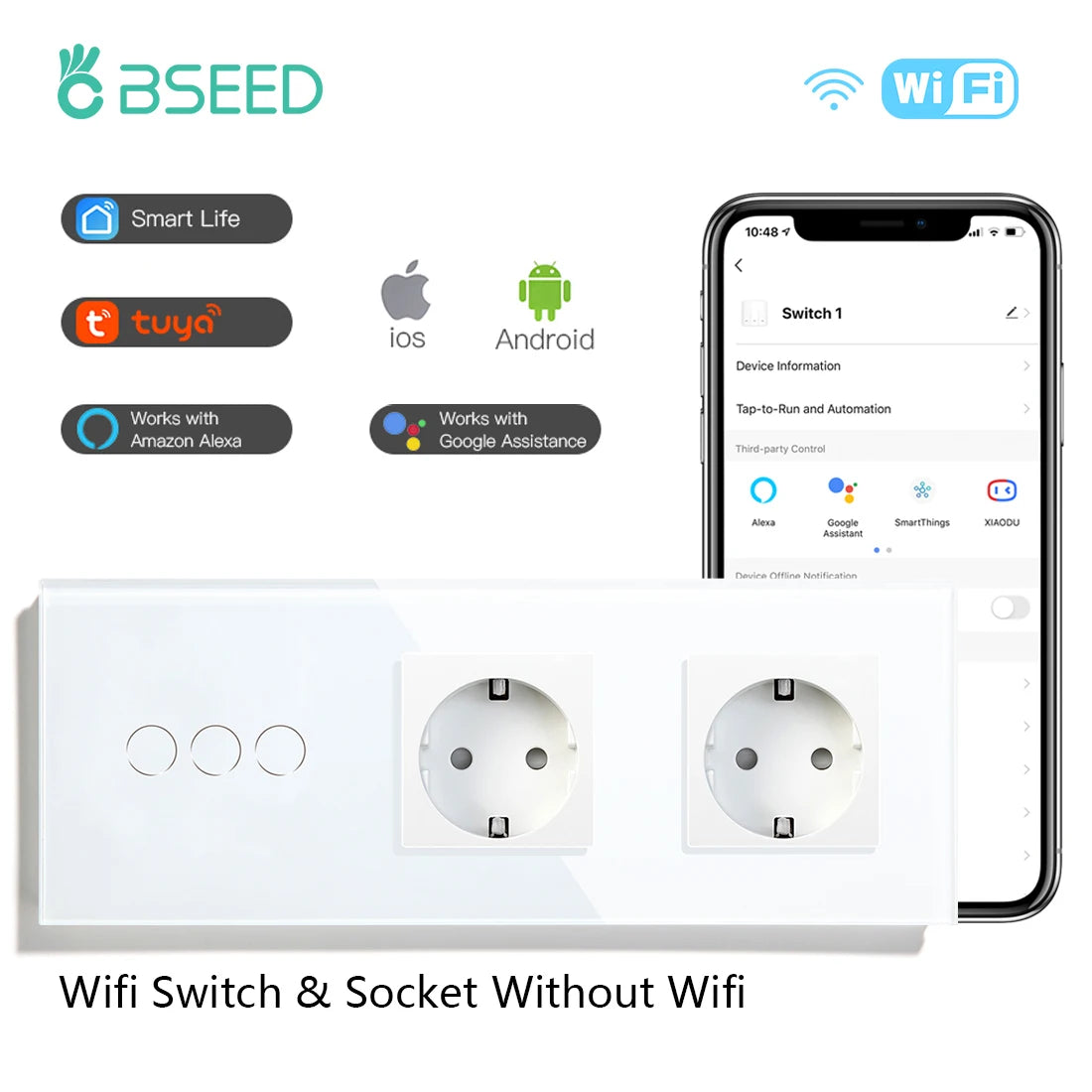 BSEED Wifi 1/2/3Gang Smart Touch Switches 1/2/3Way Wall Light Switches Tuya Smart Life App Control Plus Sockets EU Standard by MVEnergo