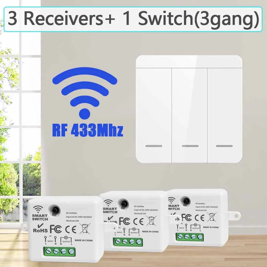 Wireless Light Wall Switch Relay Receiver RF 433Mhz 1/2/3Gang Panel Switch Remote Control Interruptor for LED Lamp 10A 110V 220V by MVEnergo