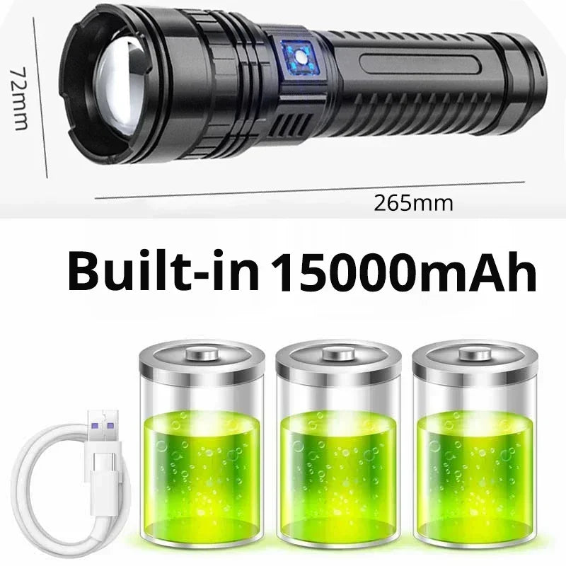 Ultra Bright LED Flashlight Powerful Tactical Torch 15000mah Built-in Battery Emergency Camping Spotlights With Tail Light by MVEnergo