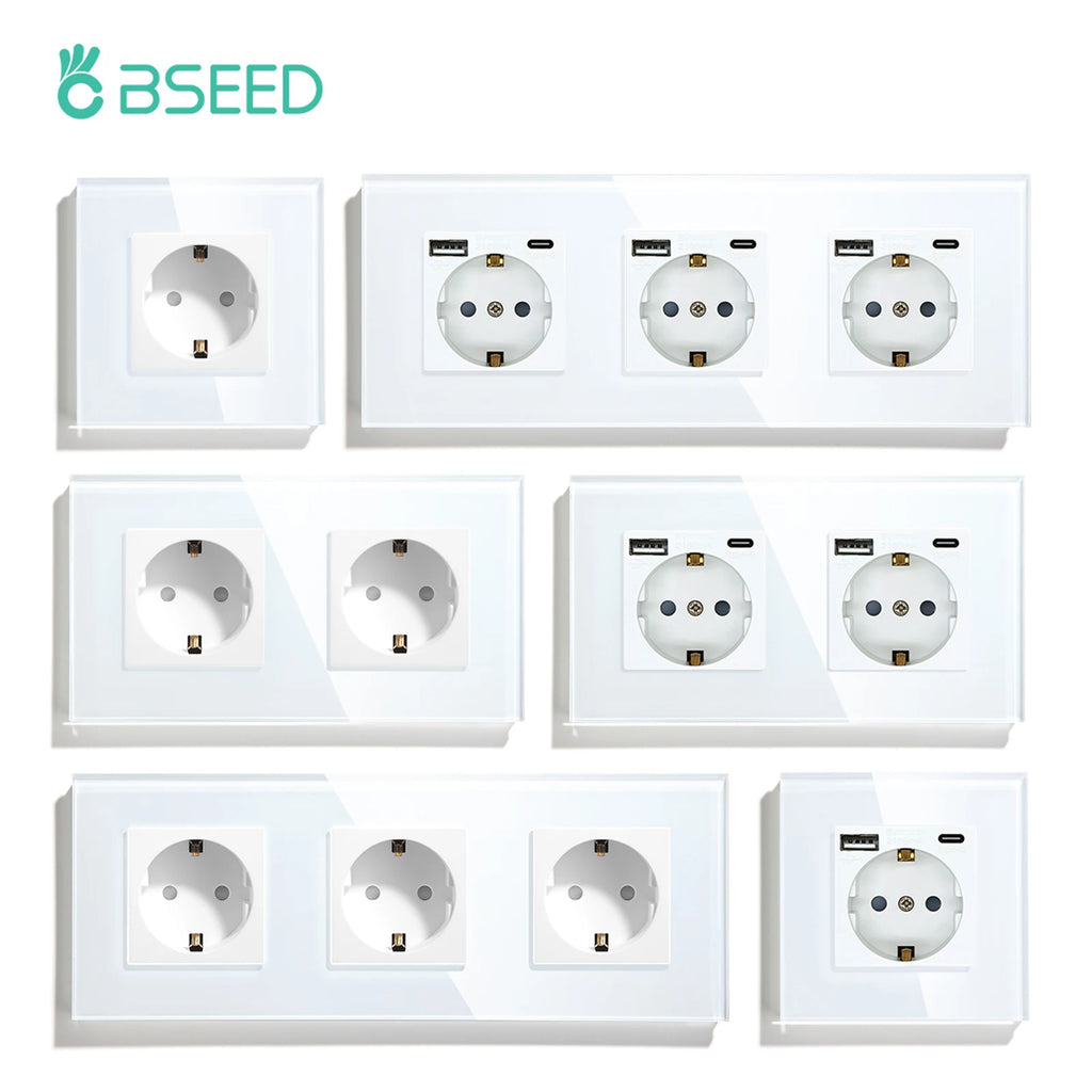 Bseed EU Russia Socket 16A Electric Wall Socket Tempered Glass Crystal Panel 2 Colors Electrical Outlet Home Improvement by MVEnergo