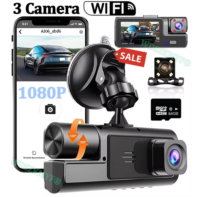 3Camera Dash Cam For Car Camera 1080P Video Recorder WIFI Car DVR 2lens Front Rear View Camera Night Vision Car Accessories by MVEnergo