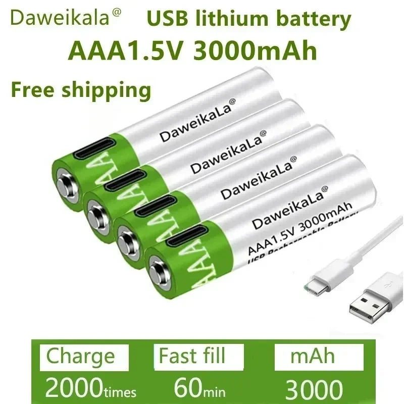 USB AAA Rechargeable Batteries 1.5V 3000mAh li-ion battery for remote control mouseElectric toy battery + Type-C Cable by MVEnergo