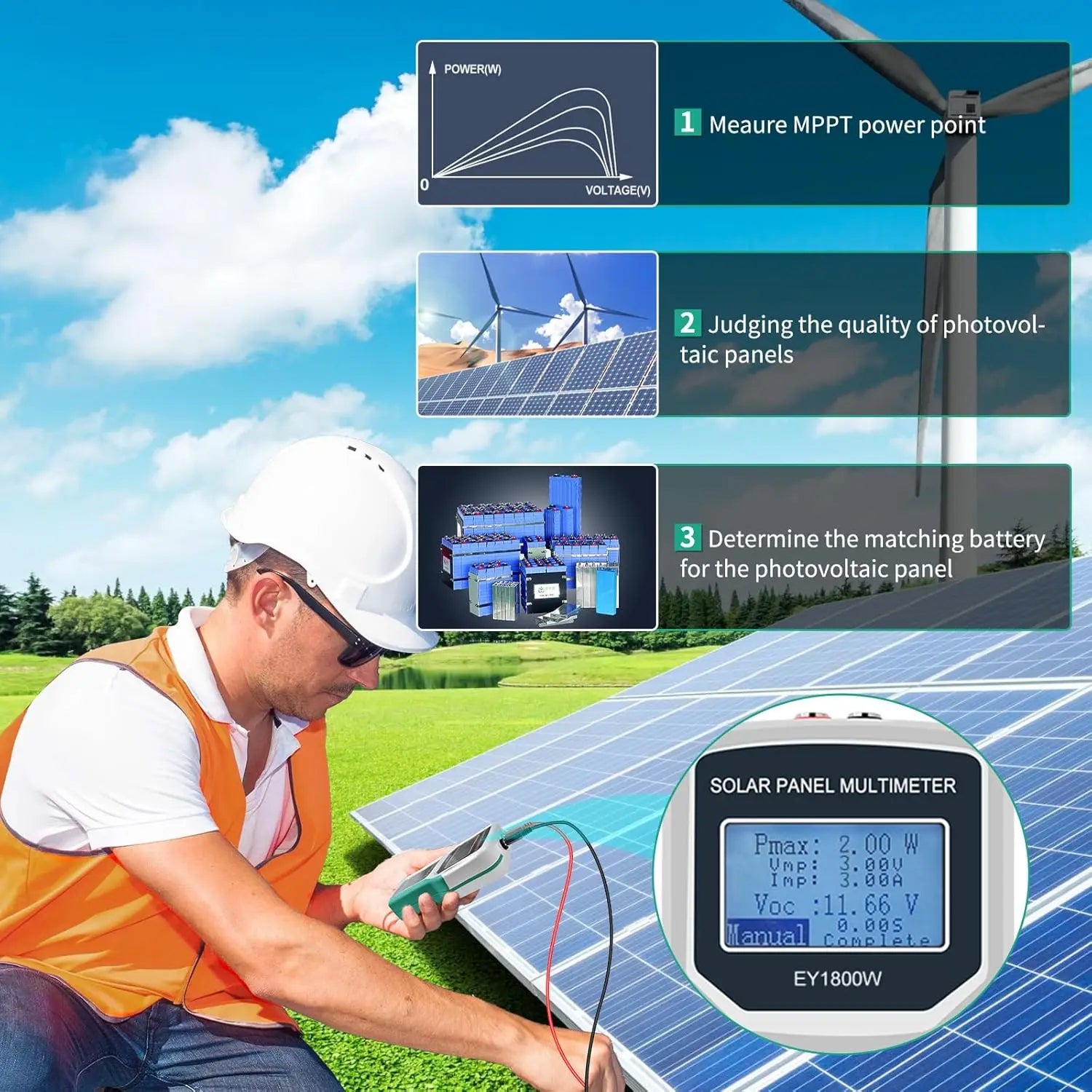 1800W Solar Panel Tester Photovoltaic Multimeter, Troubleshooting Tool with Smart MPPT Display, Upgraded Measuring Range by MVEnergo