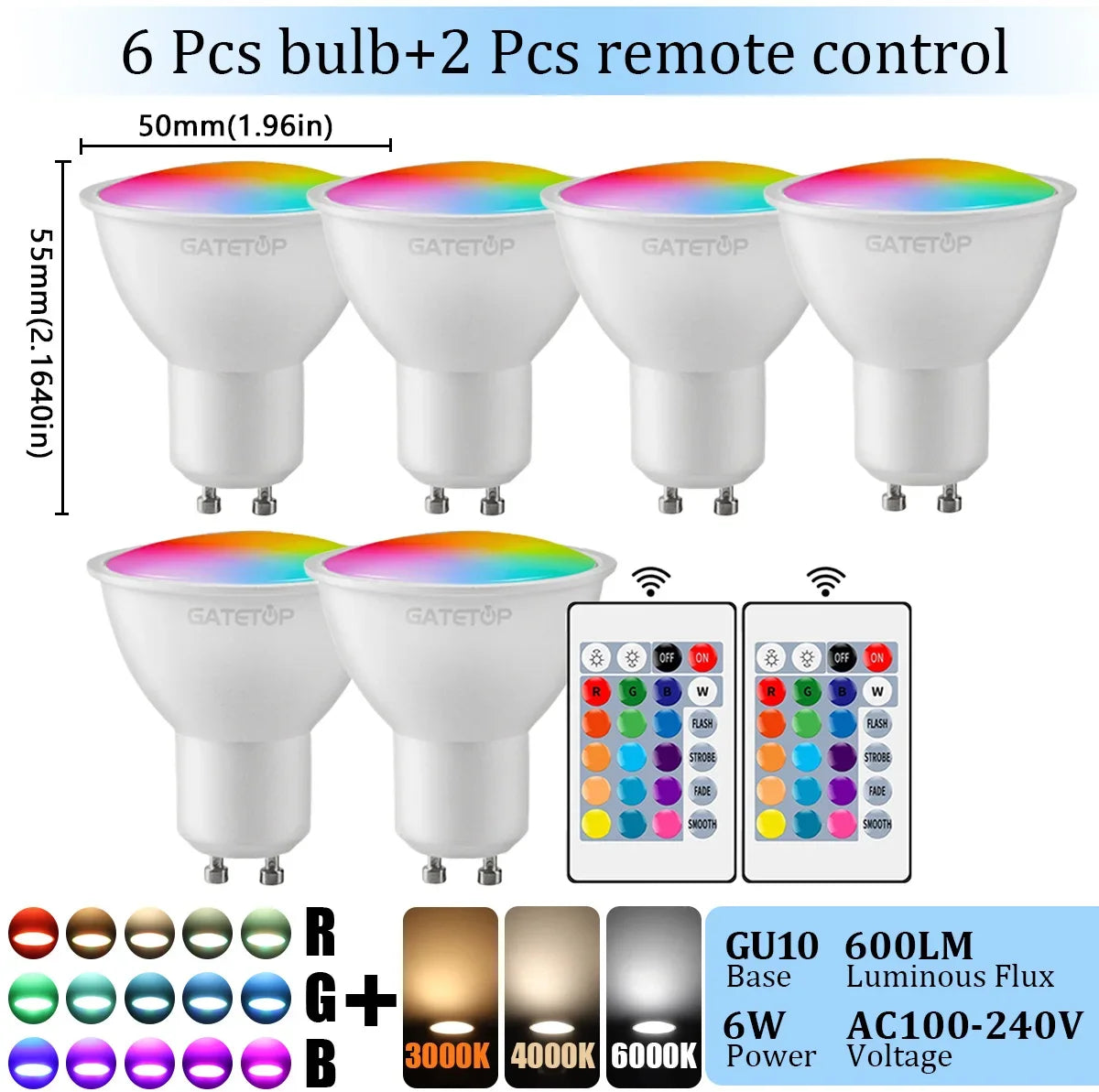 1-10PCS RGB GU10 LED Spotlight Bulb 24 Key Remote Control Dimmable 6W AC220V 110V Colorful Change for Bedroom Living Room Lamp by MVEnergo