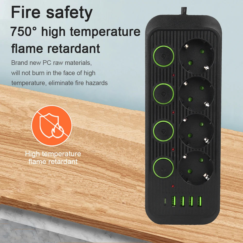 EU Plug Multiple Sockets AC Outlets Power Strip Extension Cable With USB Ports Surge Protector Network Filter Individual Switch by MVEnergo