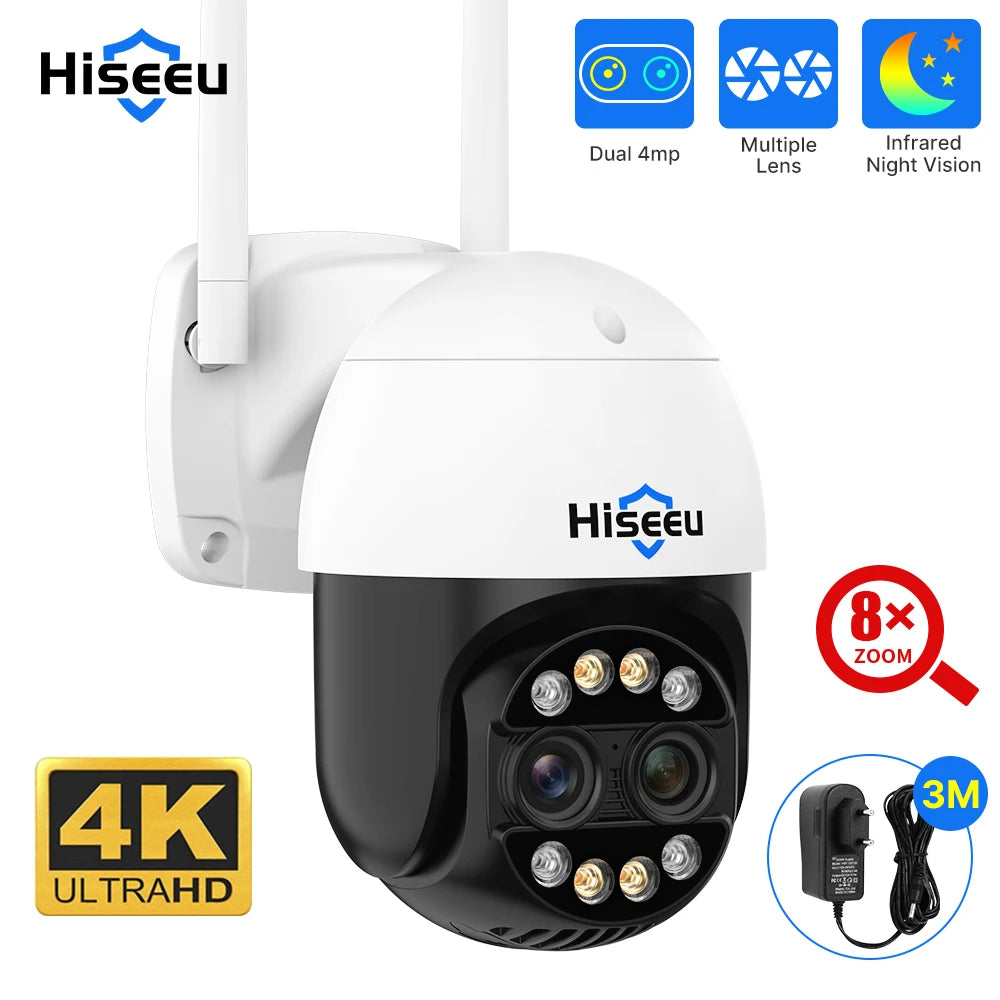 Hiseeu 4K 8MP Dual Lens PTZ Wifi IP Camera 8X Zoom Outdoor HD Full Color Night Vision Human Detection Video Surveillance Cameras by MVEnergo
