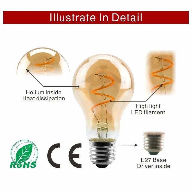 E14 E27 Retro LED Spiral Filament Light Bulb 4W Warm Yellow 220V C35 A60 T45 ST64 T185 T225 G80 G95 G125 Vintage Edison Lamp by MVEnergo