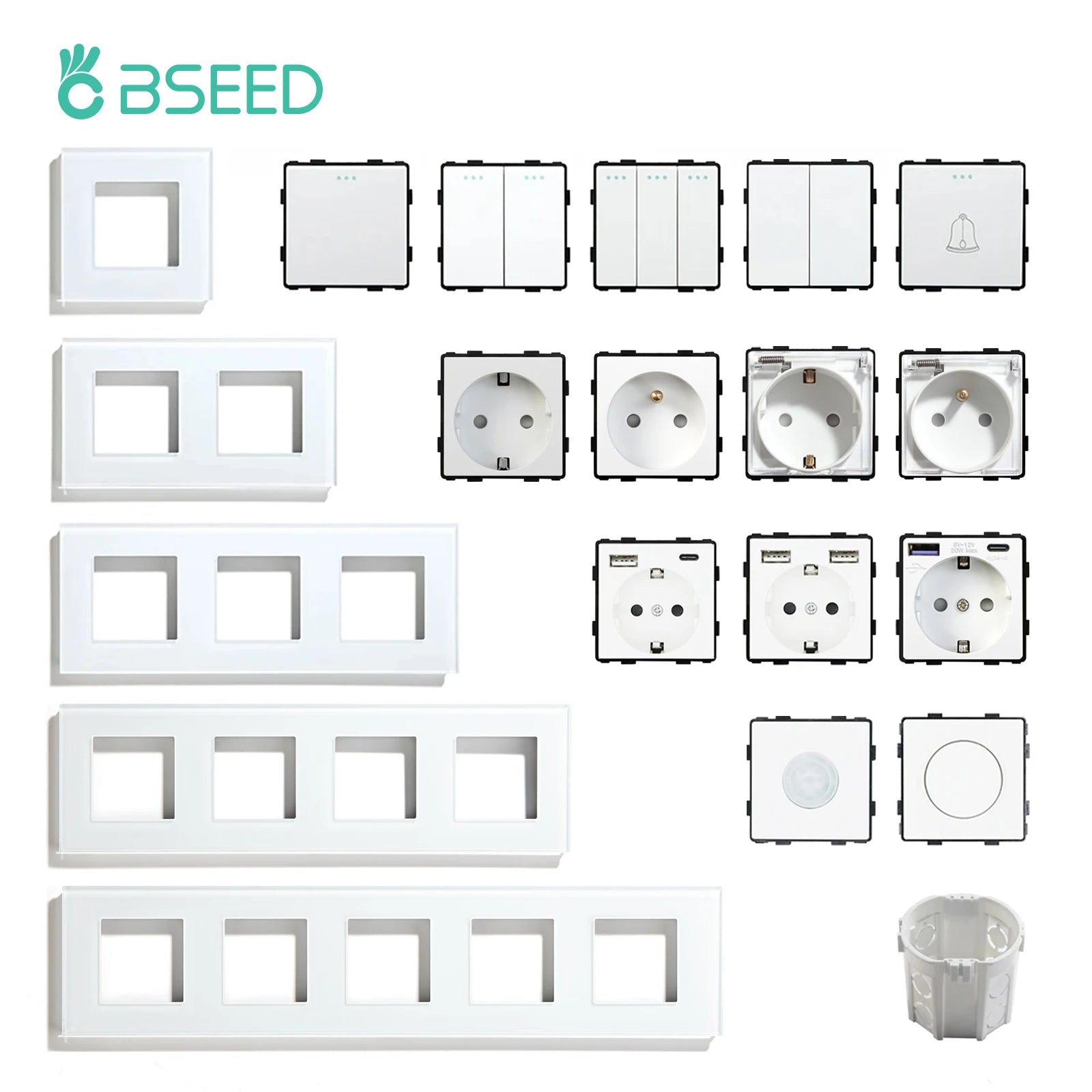 BSEED 1/2/3Gang 1/2Way Wall Button Switch Wall Power Socket Electrical Outlets Part Glass Frame DIY Module Part Free Combination by MVEnergo