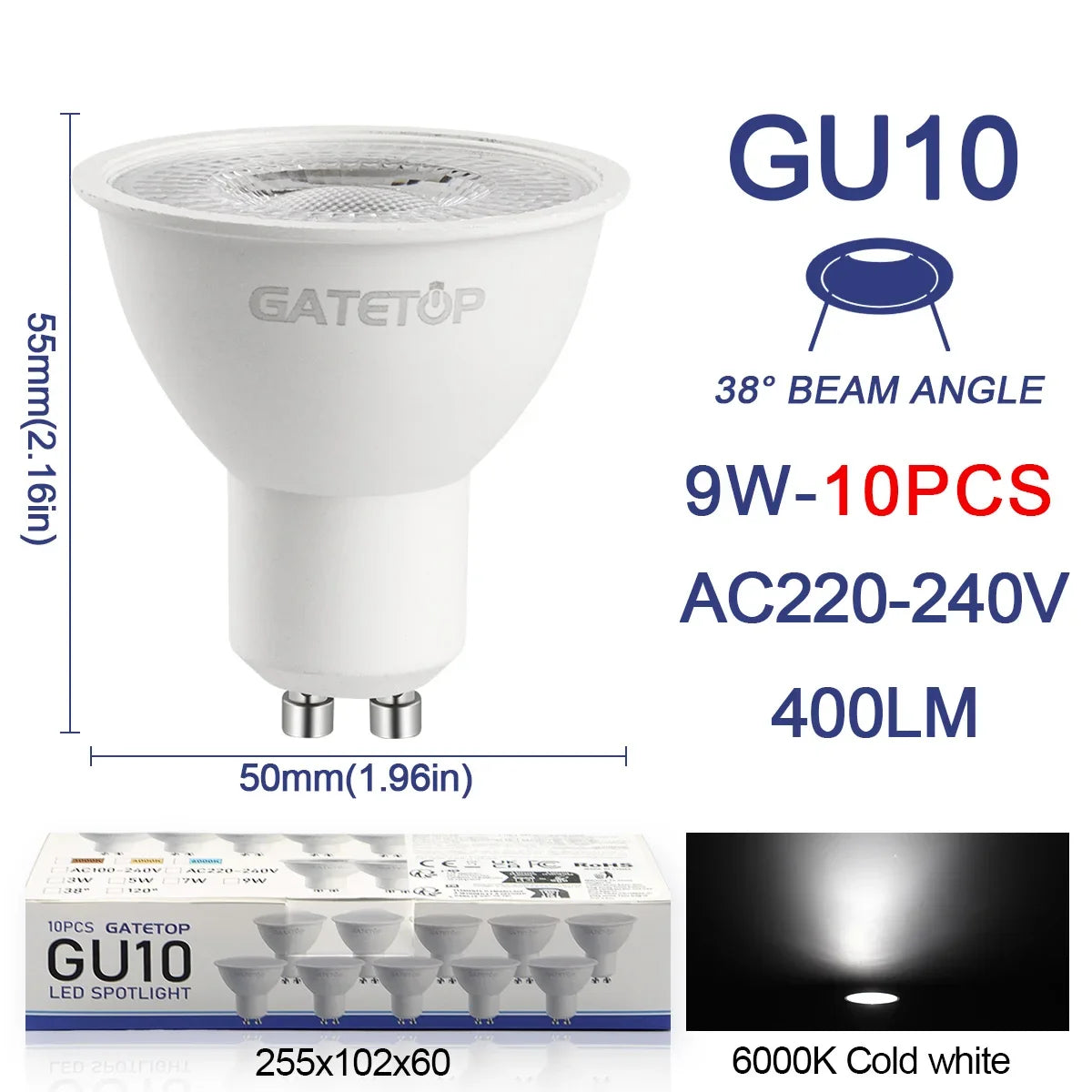 10 Pack Focos Gu10 SpotlightLampara 220V Lled Bulb Wholesale 9W White Warm 3000k 6000K suitable for Home Commercial Buildings by MVEnergo