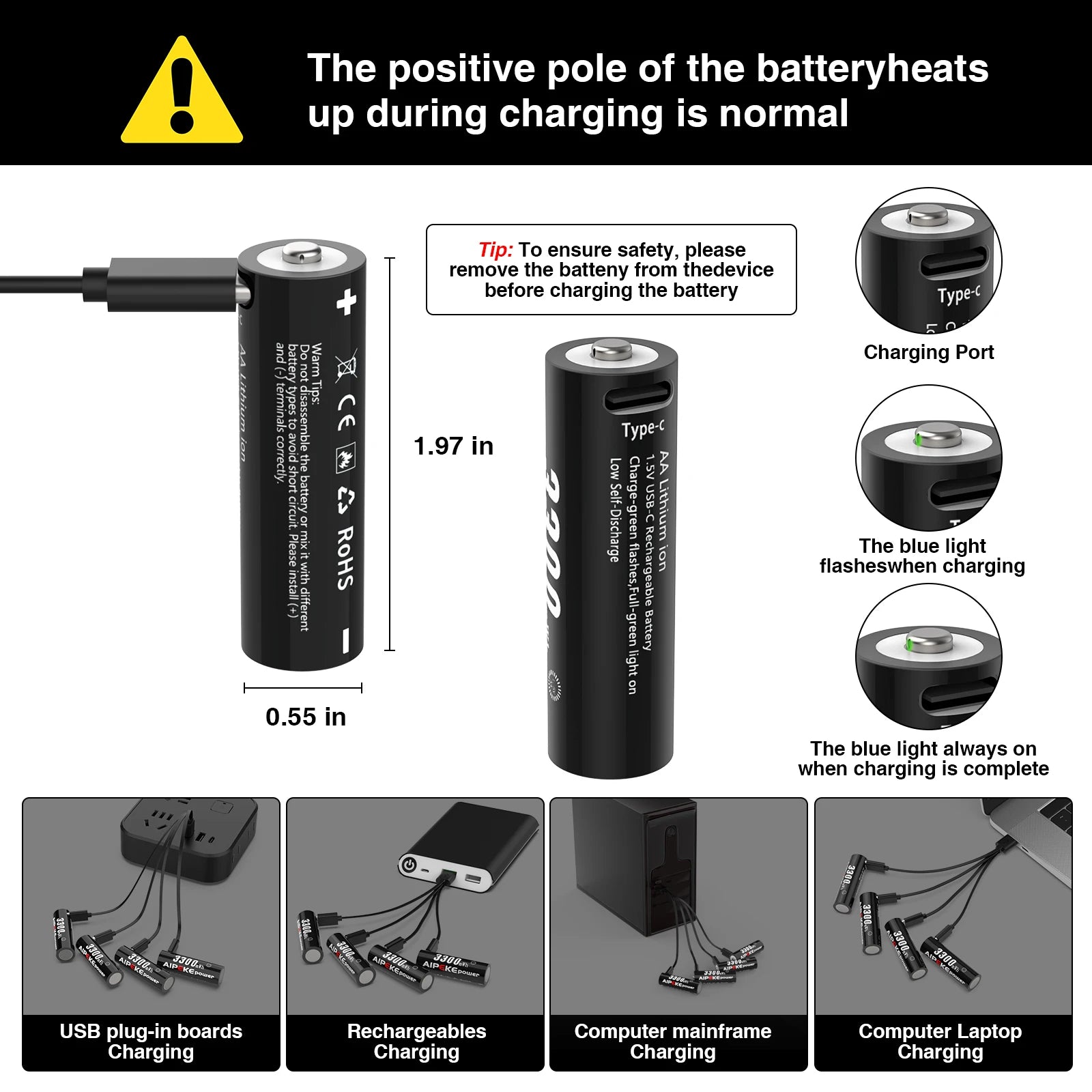 AIPEKE 1.5V 3300mWh Aa rechargeable batteries USB Type-C aa Rechargeable Lithium Battery for Hunting Camera Remote Control Mouse by MVEnergo