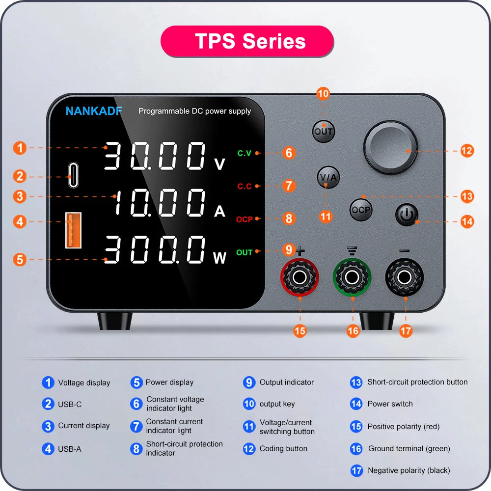 NANKADF Adjustable Switching DC Power Supply 30V 10A Lab Bench Power Supply 60V 5A Output Preset Current USB Fast Charge Display by MVEnergo