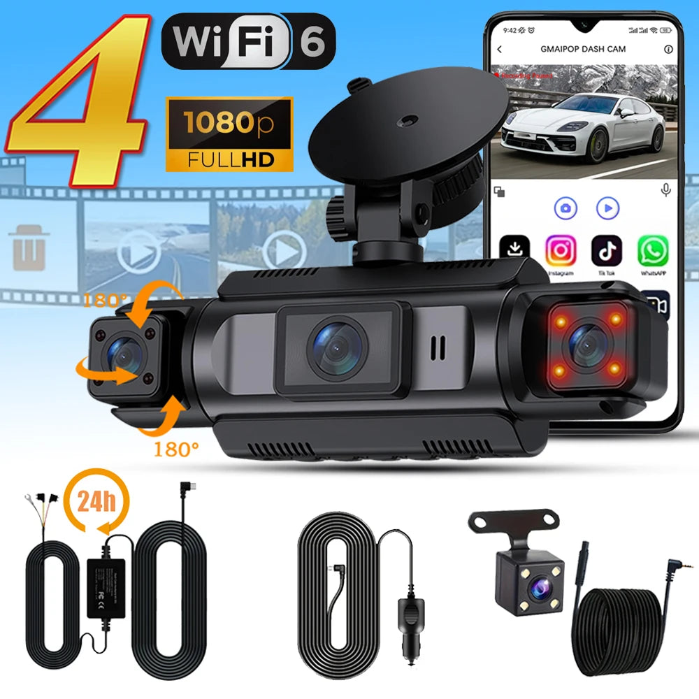 4Ch WiFi Dashcam car camera Black Box Driving DVR FHD 1080P Front Left Right Rear Night Vision Loop Recording Hardwire kit by MVEnergo