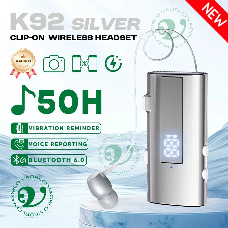 K92 Bluetooth 6.0 Lavalier Business Headset Call 30h/Music 50h Vibration Reminder LED Digital Display With Mic Wireless Earphone by MVEnergo