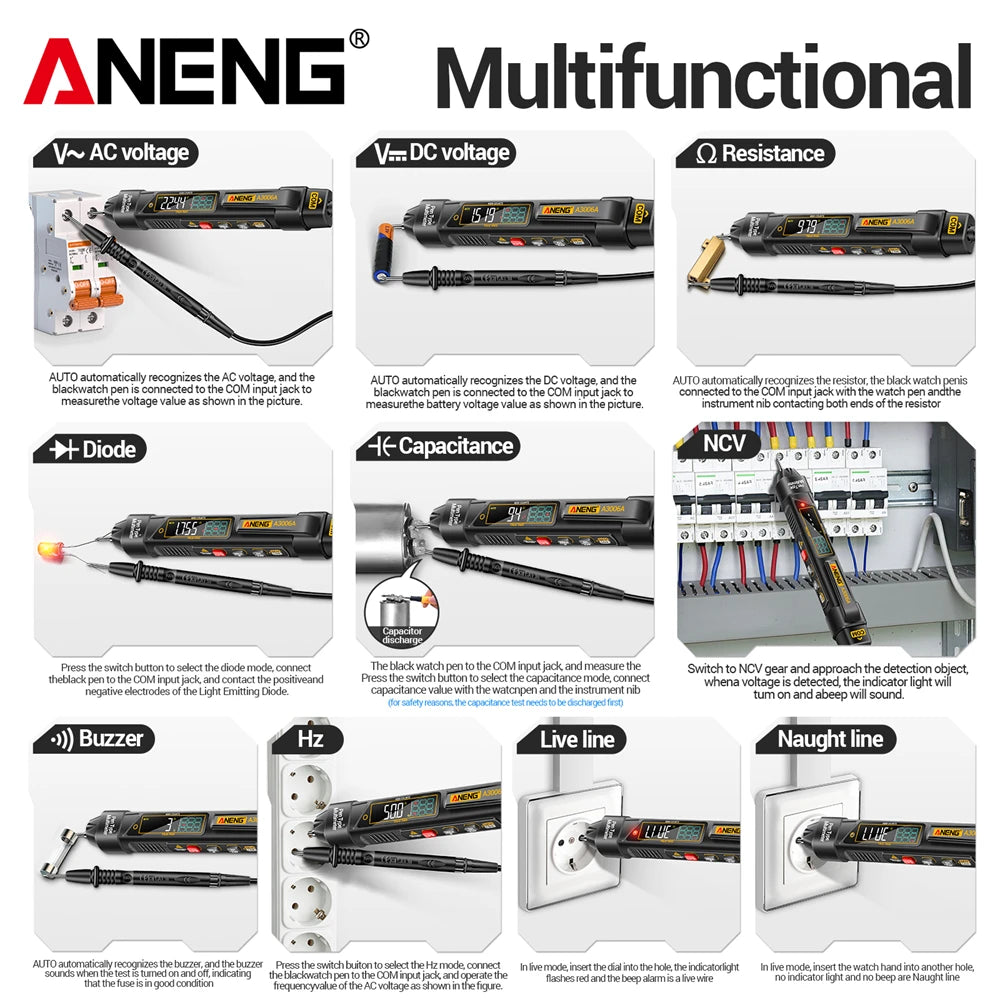 Smart Pen Multimeter NCV Voltage Tester 4000 Count ANENG A3006A Automotive Repair 600V AC/DC Electrician DIY Auto-Detection Tool by MVEnergo