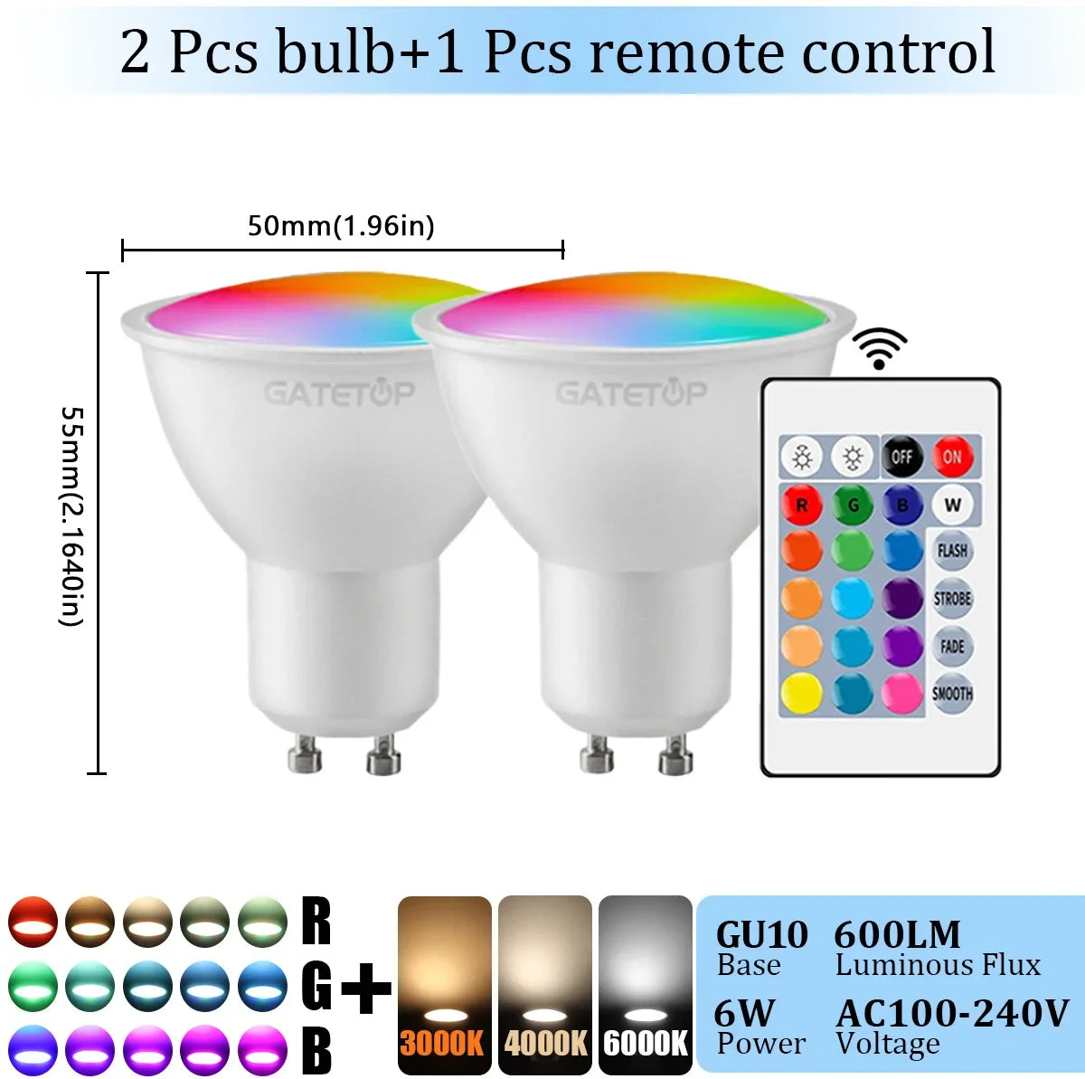 1-10PCS RGB GU10 LED Spotlight Bulb 24 Key Remote Control Dimmable 6W AC220V 110V Colorful Change for Bedroom Living Room Lamp by MVEnergo
