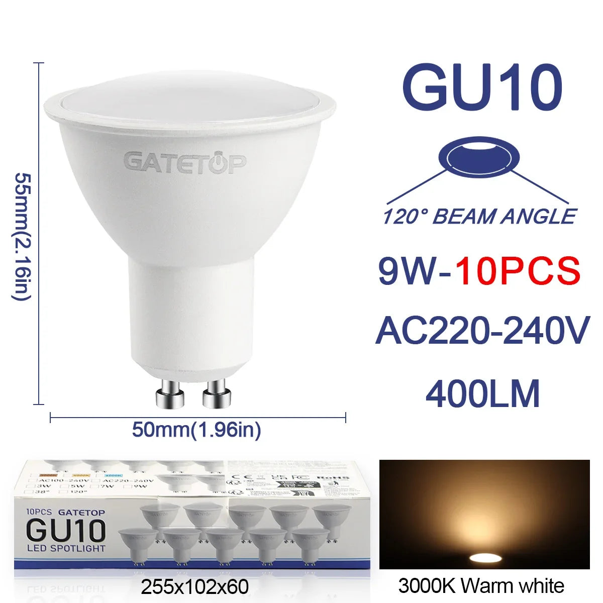 10 Pack Focos Gu10 SpotlightLampara 220V Lled Bulb Wholesale 9W White Warm 3000k 6000K suitable for Home Commercial Buildings by MVEnergo