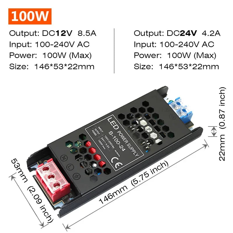 Constant Voltage Power Supply 48W 60W 100W 150W 200W 300W 400W Thin Driver For LED Strips DC 12V / 24V Lighting Transformers