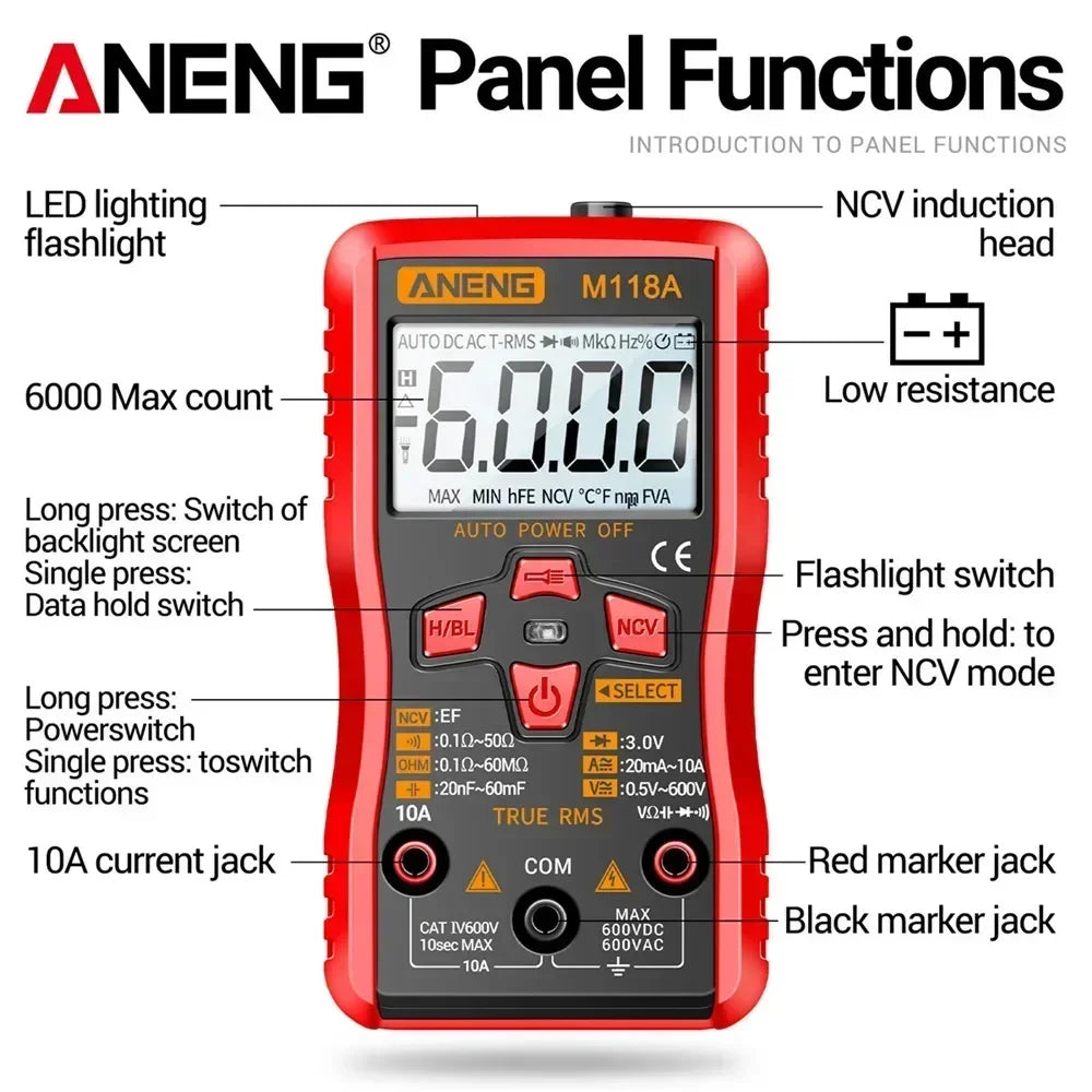 Digital Mini Multimeter 6000 Counts ANENG Auto Mmultimetro DC/AC Voltage Tester Tranistor Meter NCV Data Hold Flashlight M118A by MVEnergo
