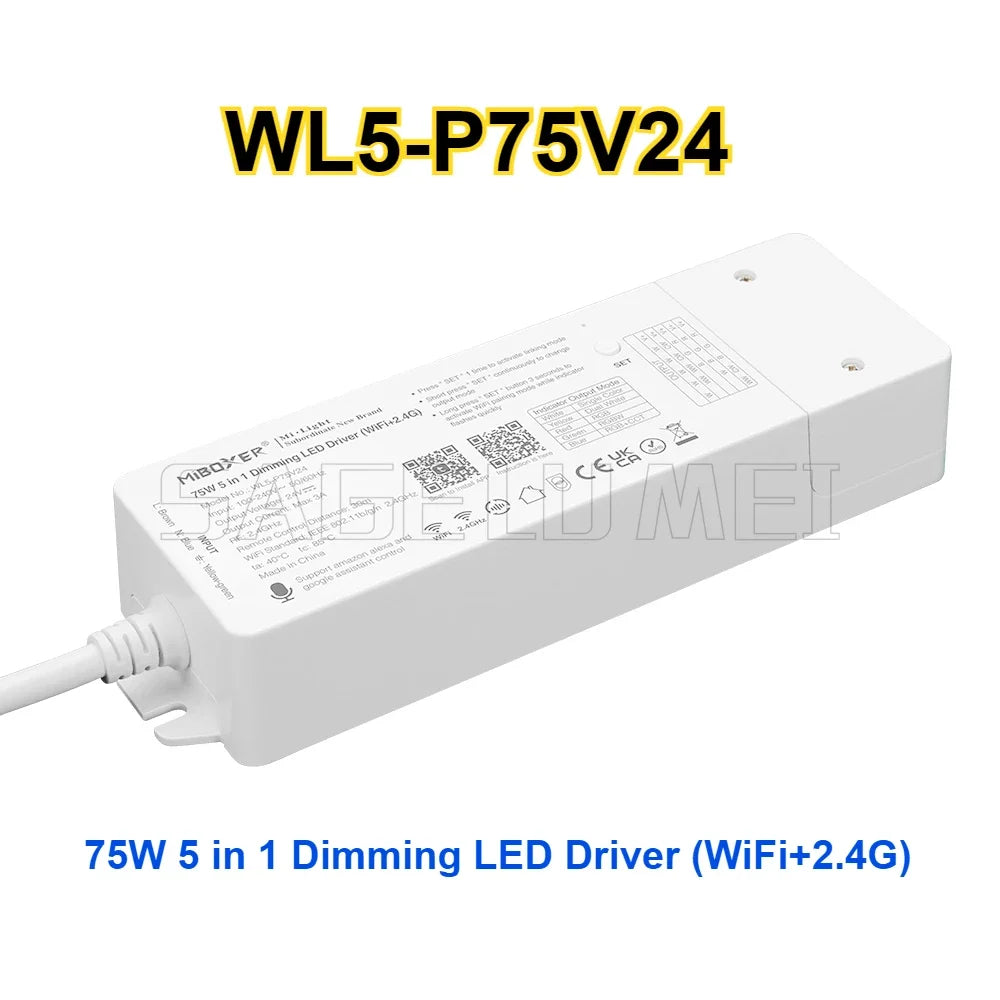 75W MiBoxer WL5-P75V24 5-in-1 Dimmer Tuya Smart 24V WiFi+2.4G Built-in Driver for Single/Dual White/RGB/RGBW/RGBCCT LED Strips