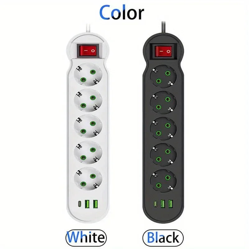 EU Plug Power Strip 2/3/4/5 Outlet Multitap Extension 10A with 2 USB 1 Type-C Ports 2m Cord Electrical Socket 2500W Fast Charge by MVEnergo