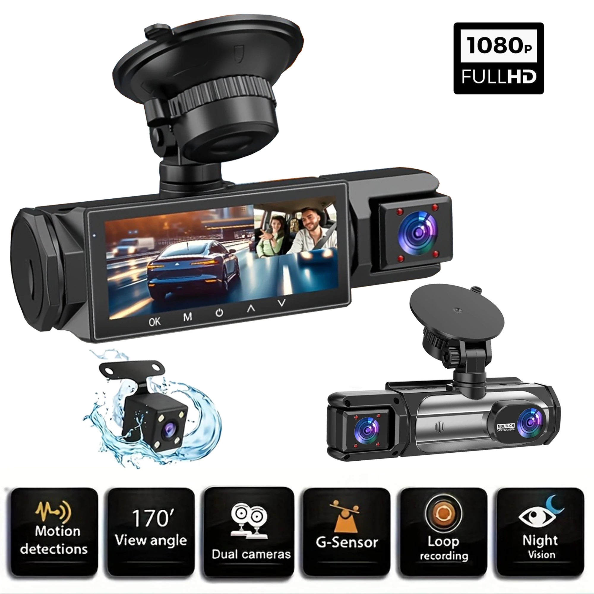 3 Cameraes Dash Cam 1080P Front and rear view camera Night Vision Parking Monit Car DVR 3way Car Video Recorder With Gift by MVEnergo