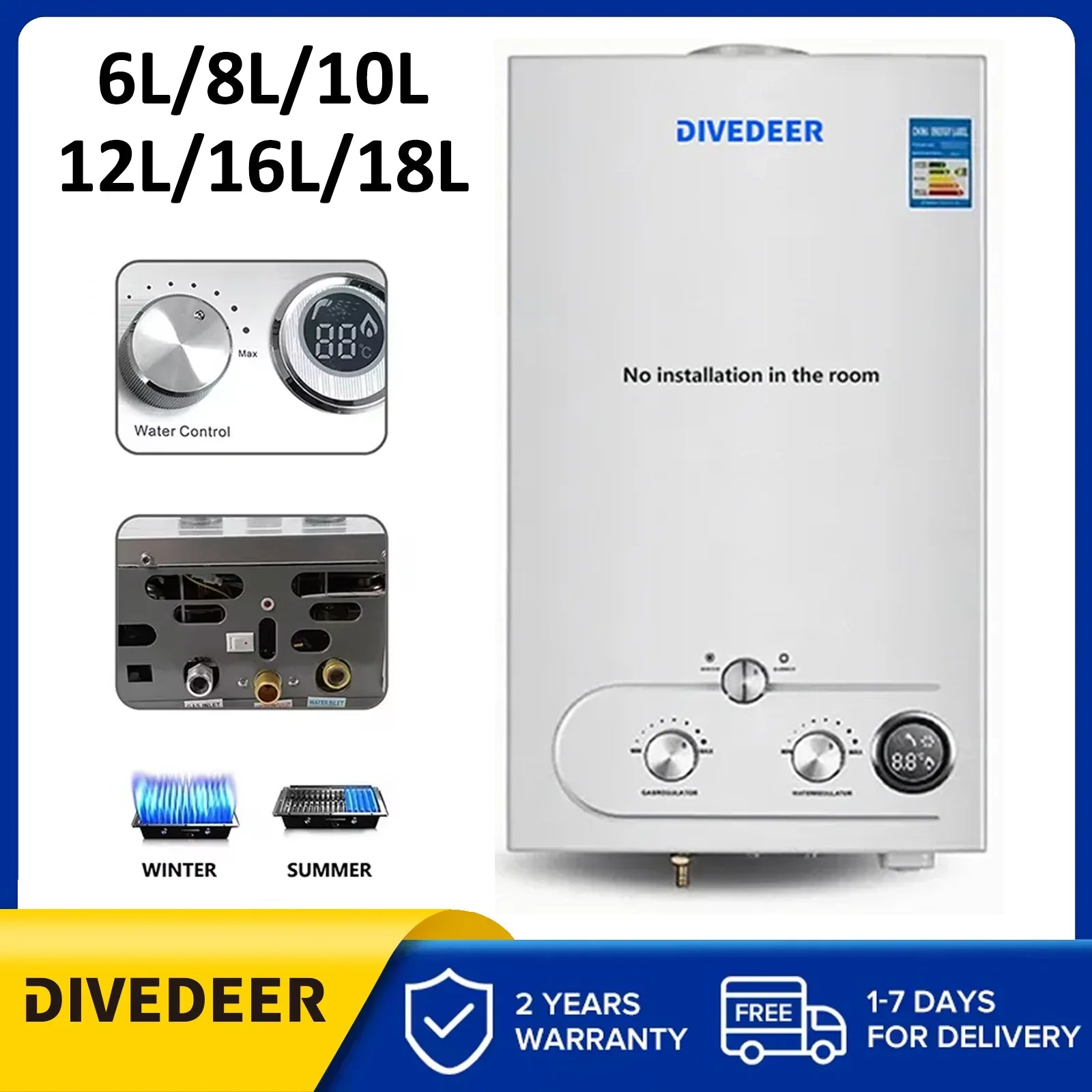 DIVEDEER 6L/8L/10L/12L/16L/18L Stainless Steel Wall-mounted LPG Water Heater Automatic Quick Burning Hot Copper Water Tank by MVEnergo