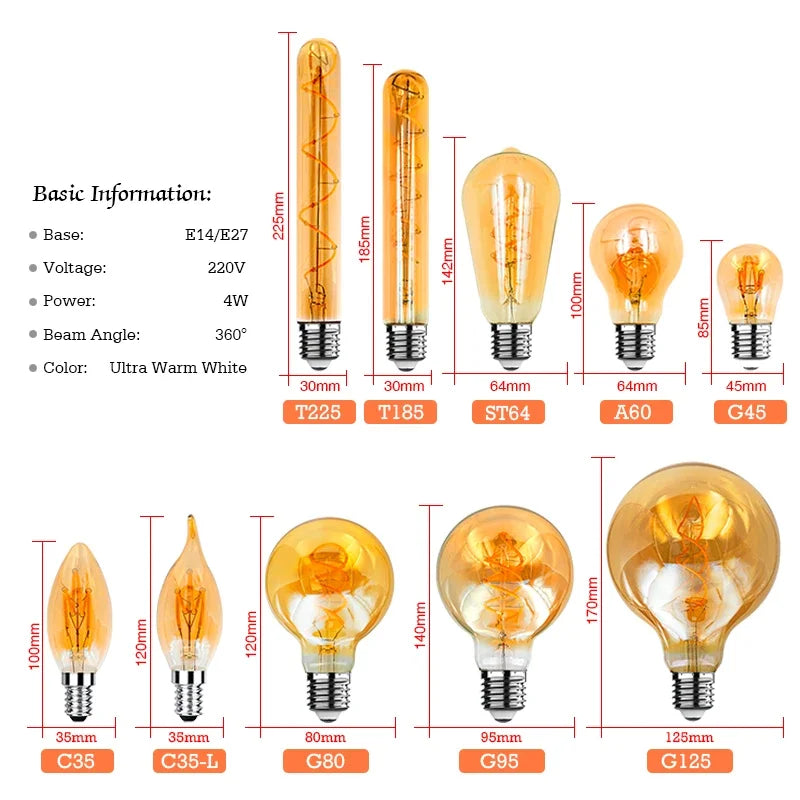E14 E27 Spiral Light G80 G95 G125 LED Filament Bulb 220V 4W 2200K Retro Vintage Lamps Decorative Lighting Dimmable Edison Lamp by MVEnergo