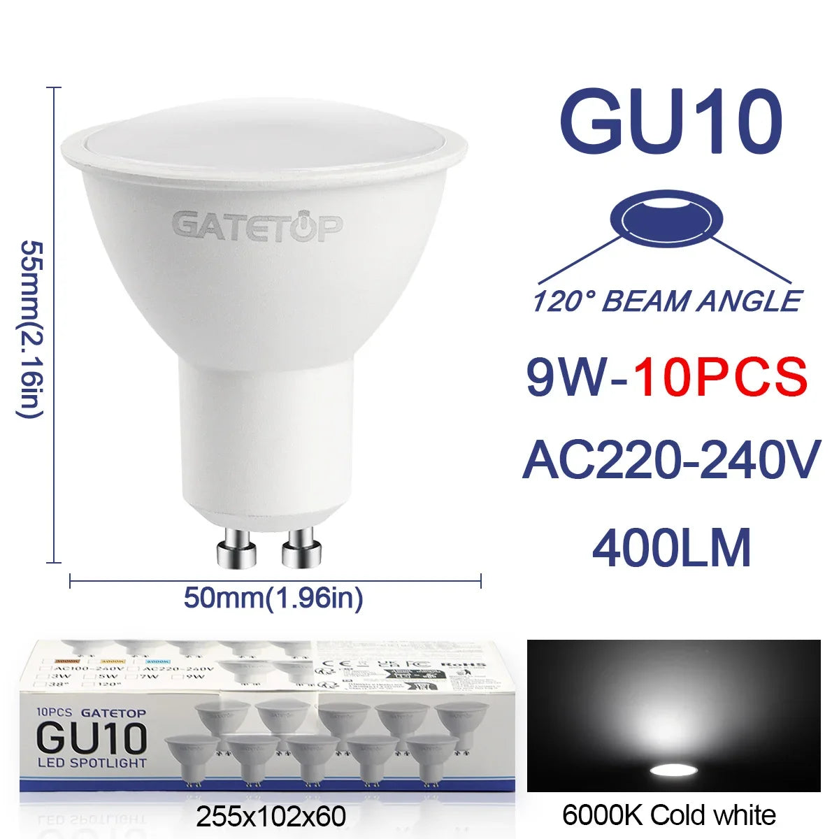 10 Pack Focos Gu10 SpotlightLampara 220V Lled Bulb Wholesale 9W White Warm 3000k 6000K suitable for Home Commercial Buildings by MVEnergo