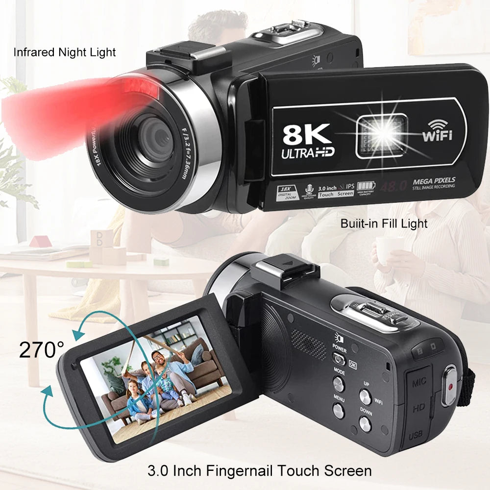 8K Digital Photography Camera 48MP Handheld DV 18X igital Zoom Camera Recorder 3'' LCD Touch Screen Portable Recording Camcorder by MVEnergo