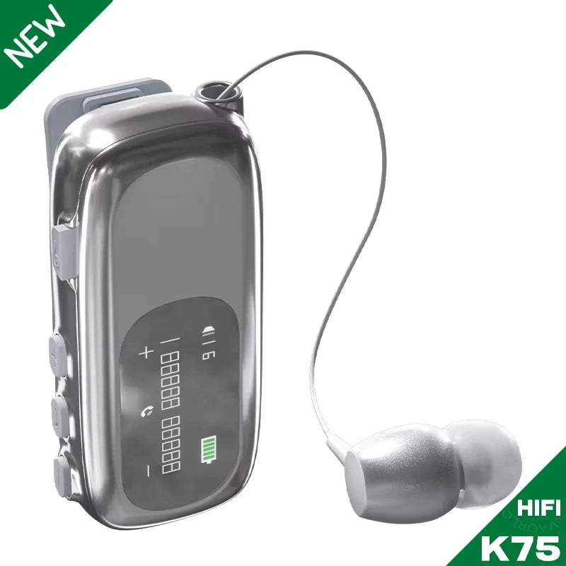 K75 Lavalier Business Bluetooth 5.4 Earphone Talk/Music 20H With Mic Noice Cancelling One-Click Photo LCD HIFI Wireless Headset by MVEnergo