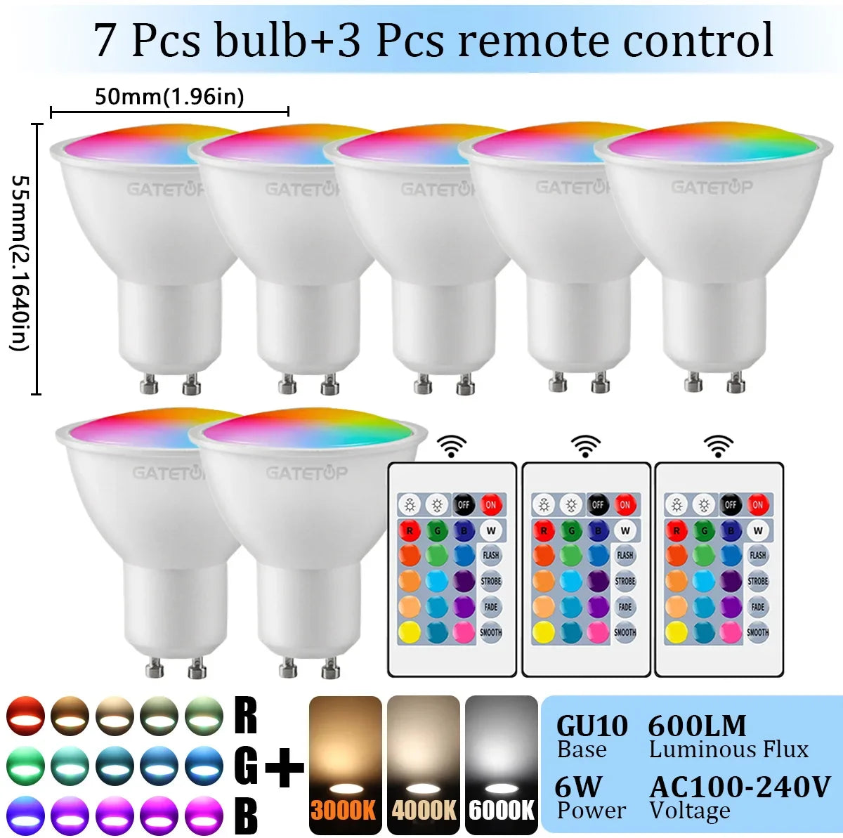 1-10PCS RGB GU10 LED Spotlight Bulb 24 Key Remote Control Dimmable 6W AC220V 110V Colorful Change for Bedroom Living Room Lamp by MVEnergo