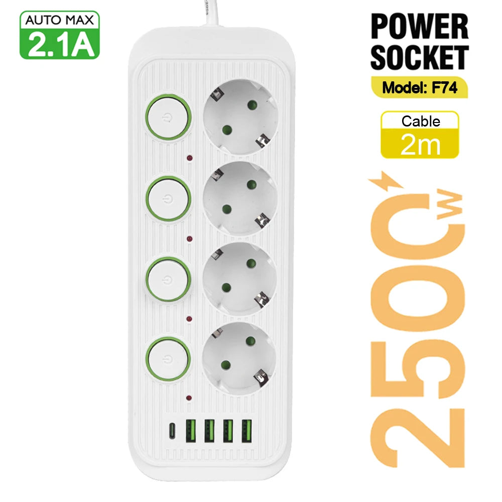 EU Plug Multiple Sockets AC Outlets Power Strip Extension Cable With USB Ports Surge Protector Network Filter Individual Switch by MVEnergo
