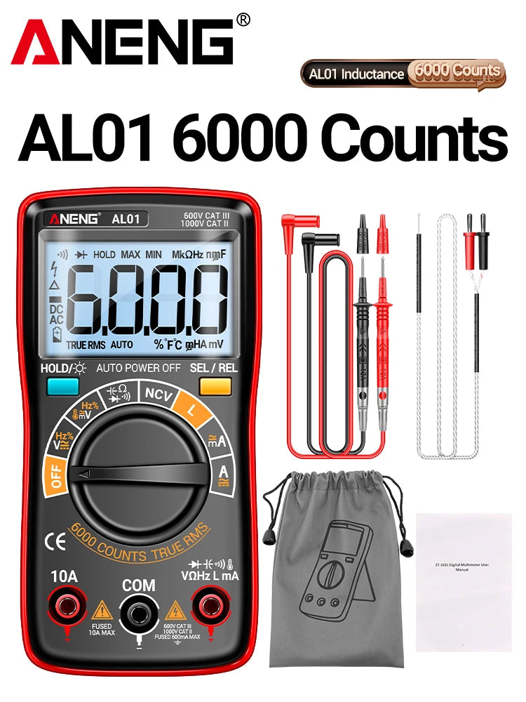Coil Inductance Multimeter Duty Cycle Hz Tester ANENG AL01 6000 Counts NCV Temperature Meter True-RMS Voltage Pro Tester Tools by MVEnergo