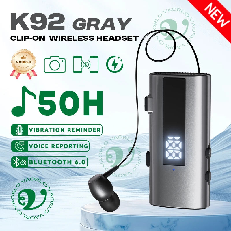 K92 Bluetooth 6.0 Lavalier Business Headset Call 30h/Music 50h Vibration Reminder LED Digital Display With Mic Wireless Earphone by MVEnergo