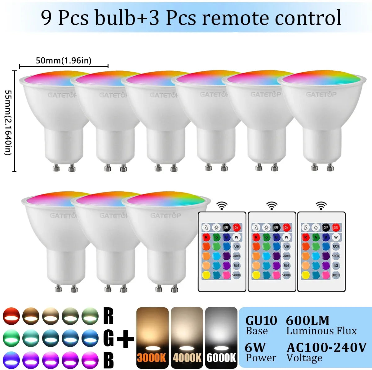 1-10PCS RGB GU10 LED Spotlight Bulb 24 Key Remote Control Dimmable 6W AC220V 110V Colorful Change for Bedroom Living Room Lamp by MVEnergo