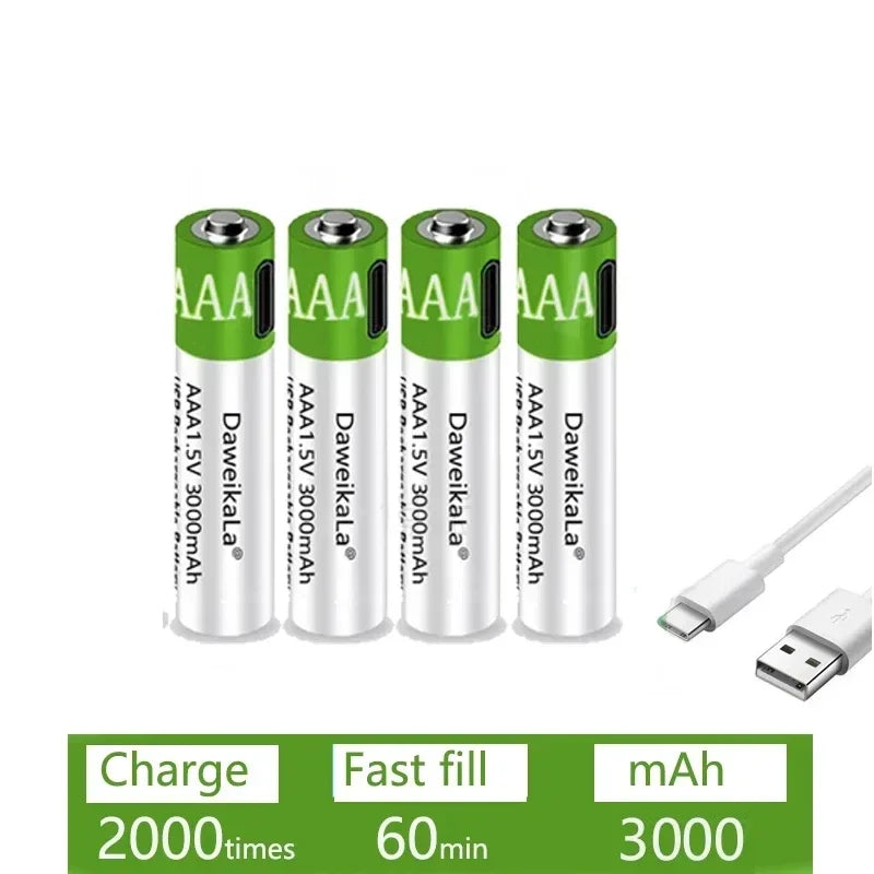 USB AAA Rechargeable Batteries 1.5V 3000mAh li-ion battery for remote control mouseElectric toy battery + Type-C Cable by MVEnergo