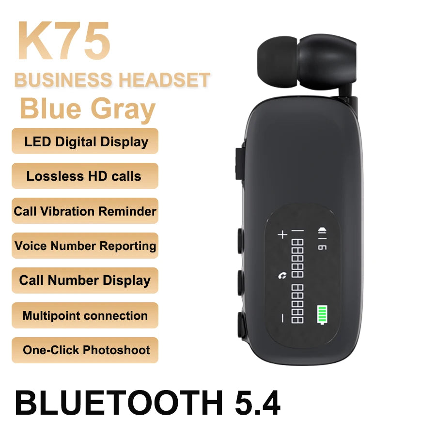 K75 Lavalier Business Headset Bluetooth 5.4 Bass Earphone HD Call Vibration Reminder+Voice Number Reporting Wireless Headphone by MVEnergo